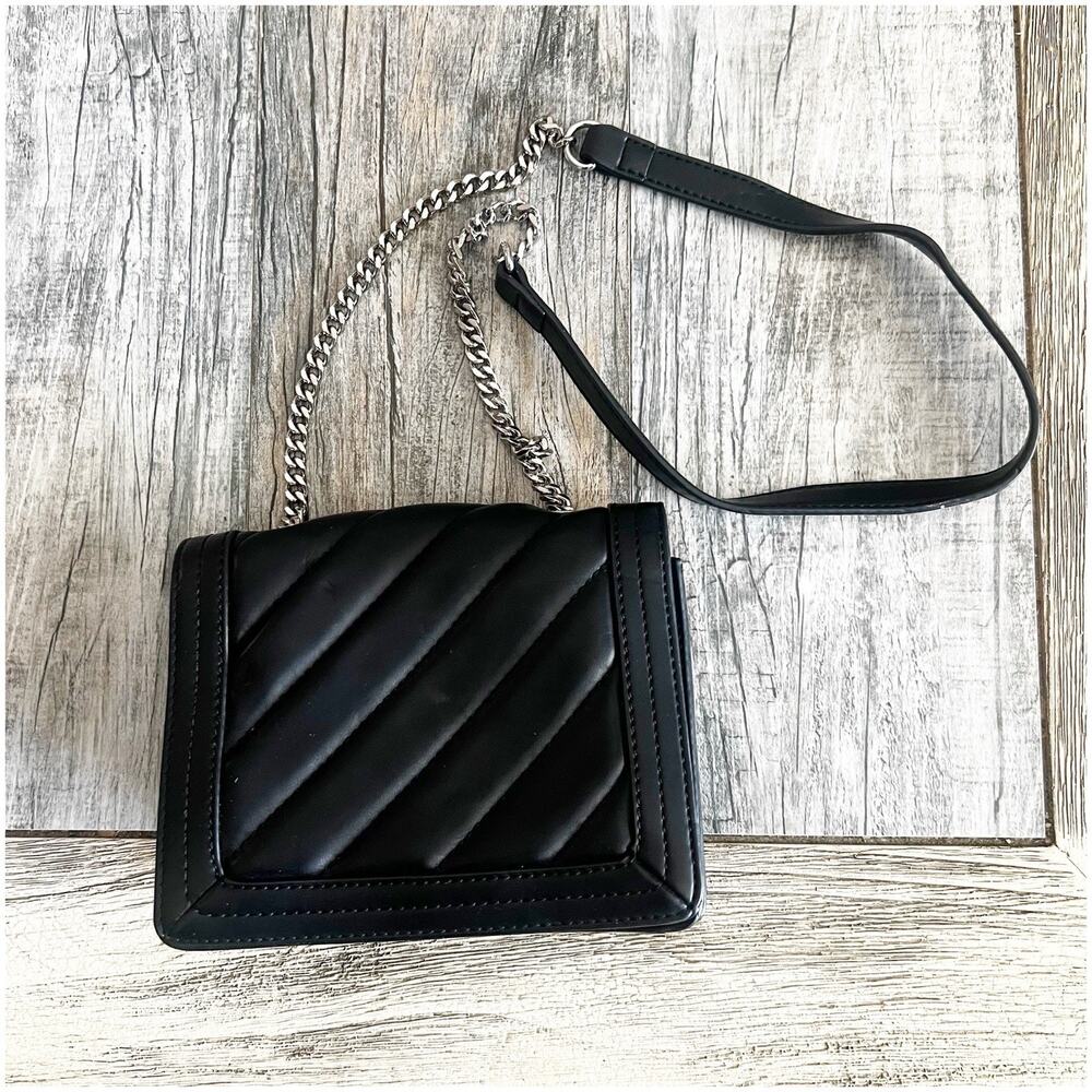 French Connection Quilted Square Shoulder Bag Chain Strap Sm Black Faux Leather